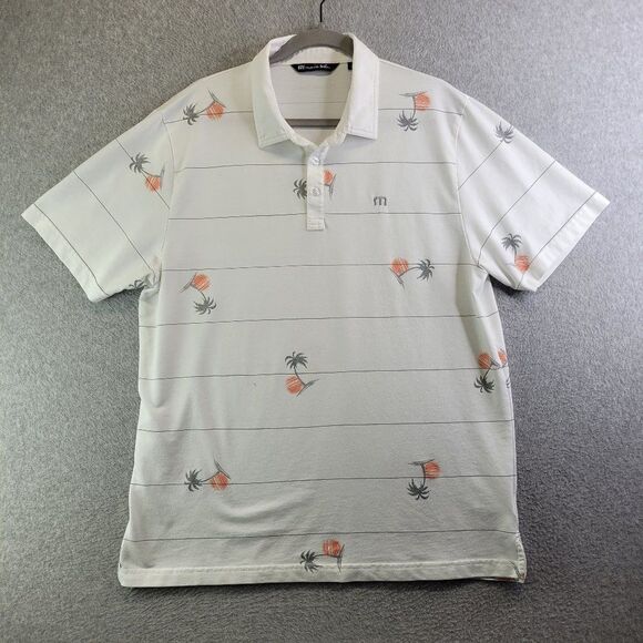 Travis Mathew Polo Shirt Mens Extra Large White Striped Palm Tree Sunset Golf - Picture 1 of 16